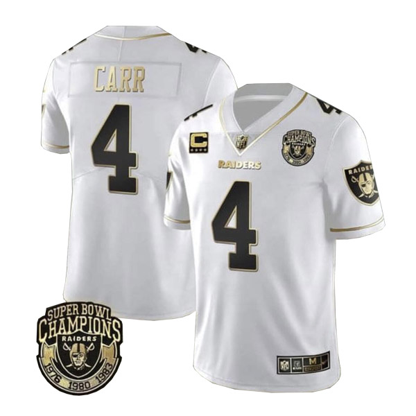 Men's Las Vegas Raiders #4 Derek Carr White Gold With Champions Patch & C Patch Limited Stitched Jersey